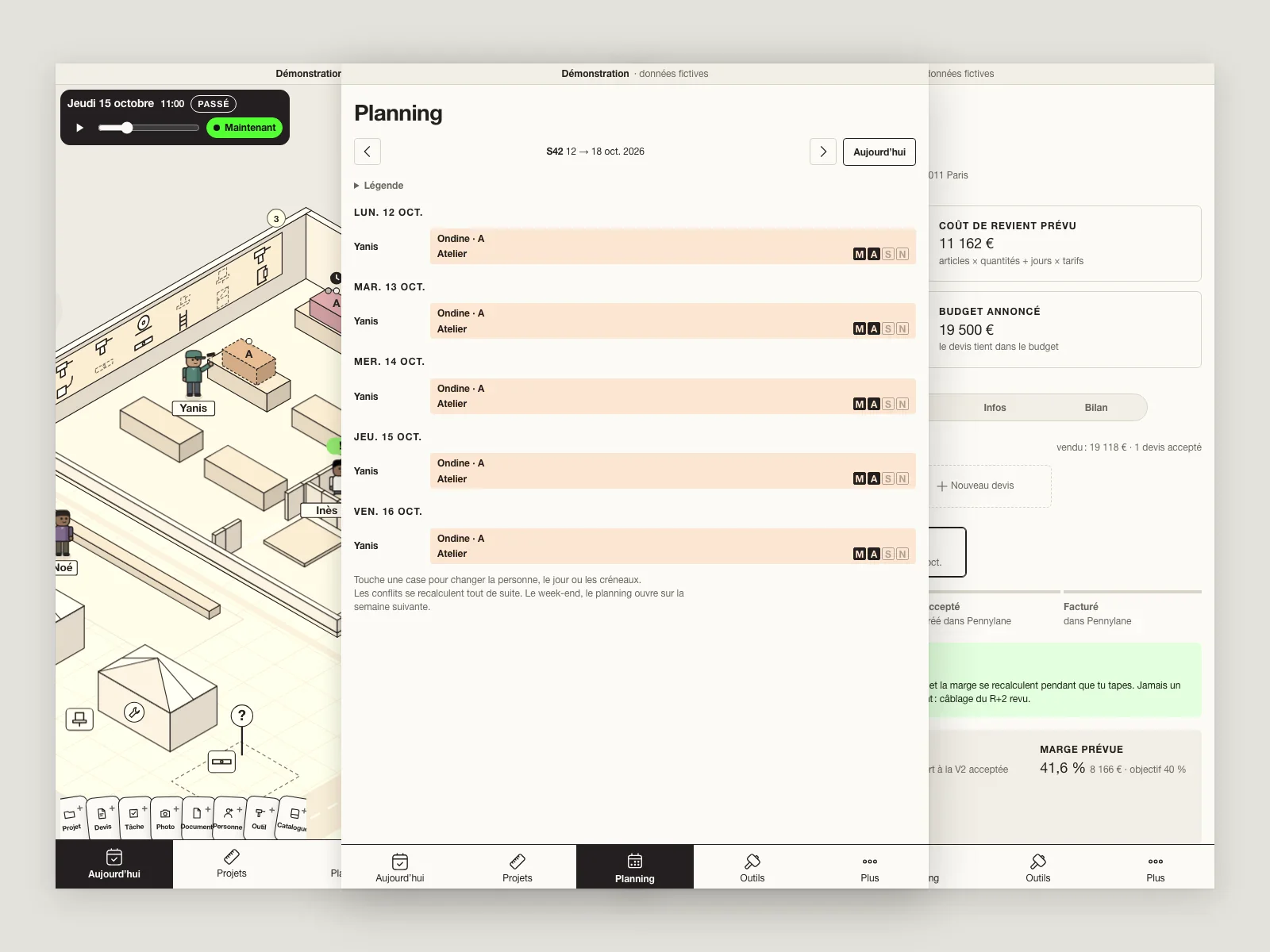 Carnet d'atelier : fiche de chantier, scène de l'atelier en vue isométrique et indicateurs financiers