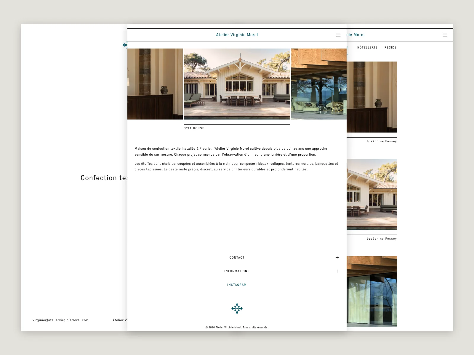 Site de l'Atelier Virginie Morel : page d'accueil, projet et page d'introduction