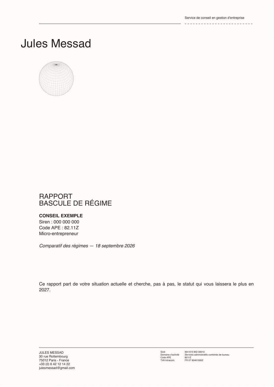 Première page du dossier « Rapport bascule de régime » pour un client fictif